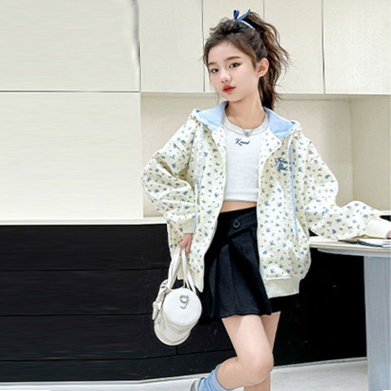 Kızlar İlkbahar Çiçekli Kapüşonlu Hırka Sweatshirt Tatlı Preppy Günlük Üst