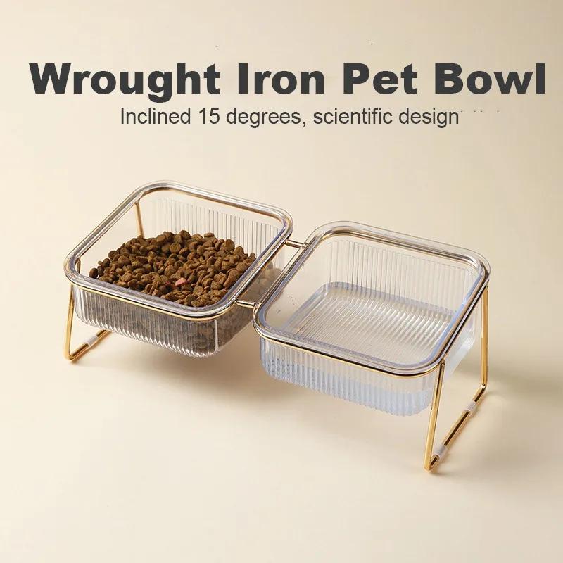 Cat Bowl Plastic Slanted Neck Pet Feeding Dish with Double Bowls Non-Slip Easy Clean Anti-Spill Water Food Container