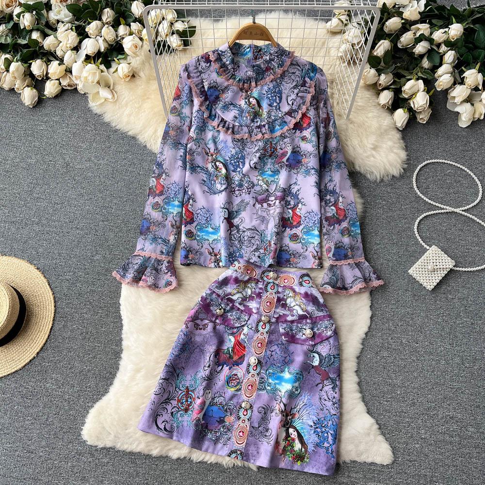 

Женский костюм-двойка из юбки и жакета класса люкс, маленькое платье, весна-осень, лето, юбка с завышенной талией и облегающая бедра XL фиолетовый