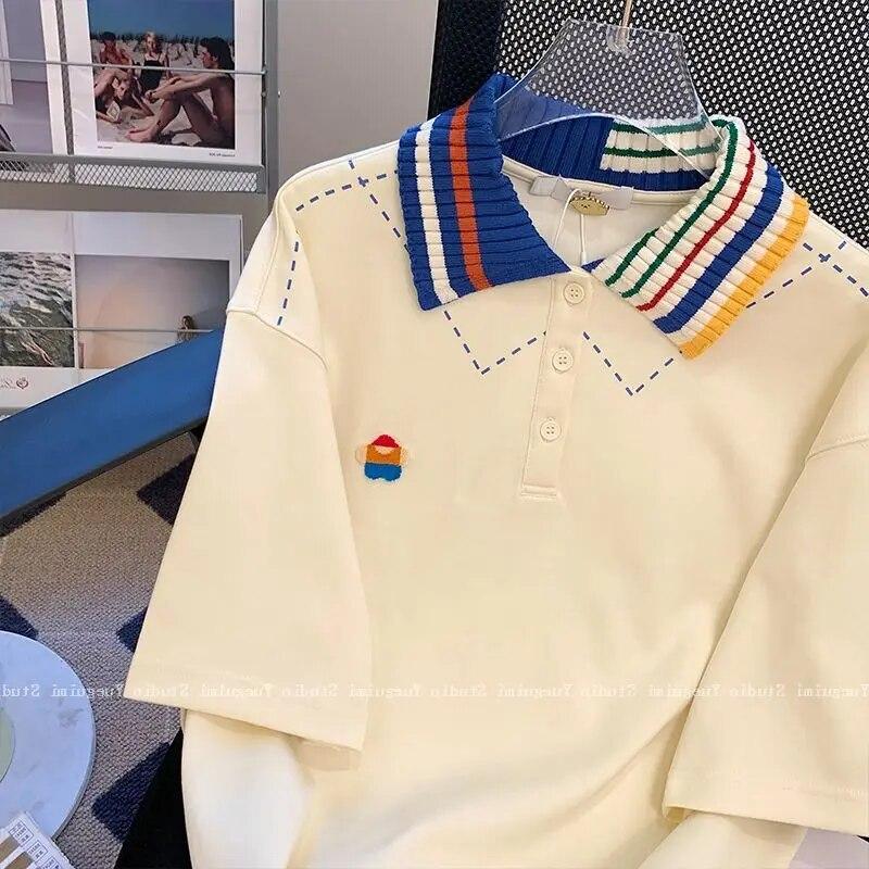 Preppy styl bílé tričko s polo výstřihem léto volné ležérní dámské tričko s krátkým rukávem korejské jídlo oversized styl top