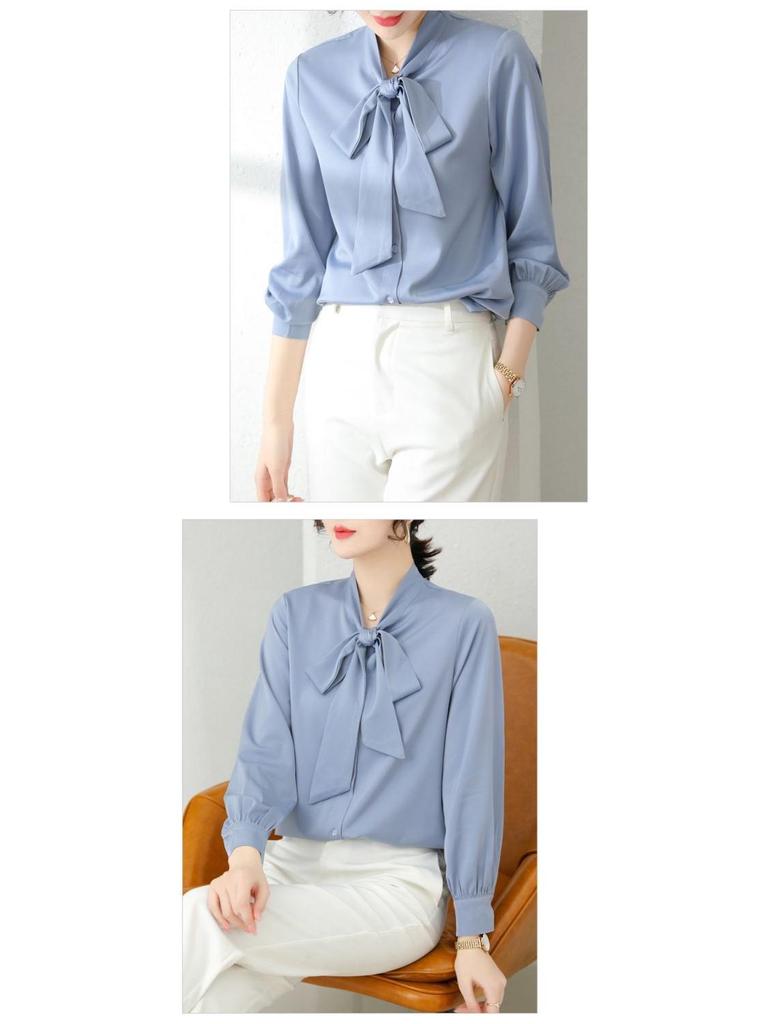 Acetate Satin French Court Shirt: 2025 Spring/Autumn Bow-Tie Blouse
