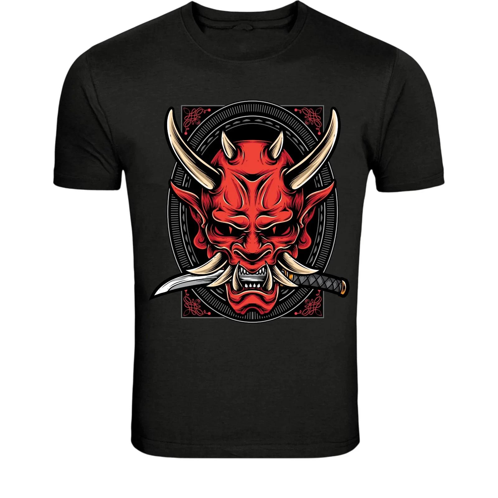 Red Oni Samurai Demon Mask T-Shirt - Japanese Warrior Graphic Tee S