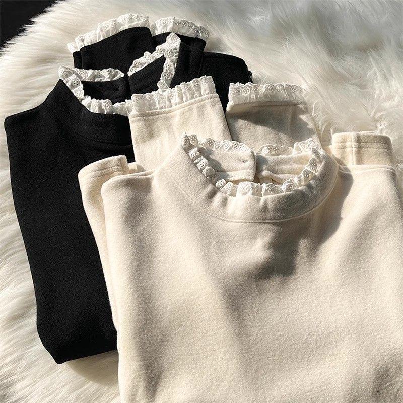 Women's 2025 Fall/Winter High Neck Lace Trim Fleece T-shirt - Slim Fit Long Sleeve Base Layer