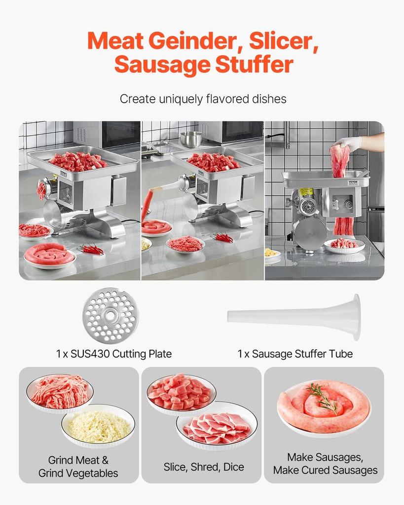 Commercial Electric Meat Grinder Slicer 11 Lbs/Min Sausage Stuffer Maker