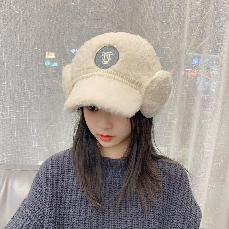 Versatile letter soft top plush cap lamb wool baseball cap women's winter thickened warm ear hat
