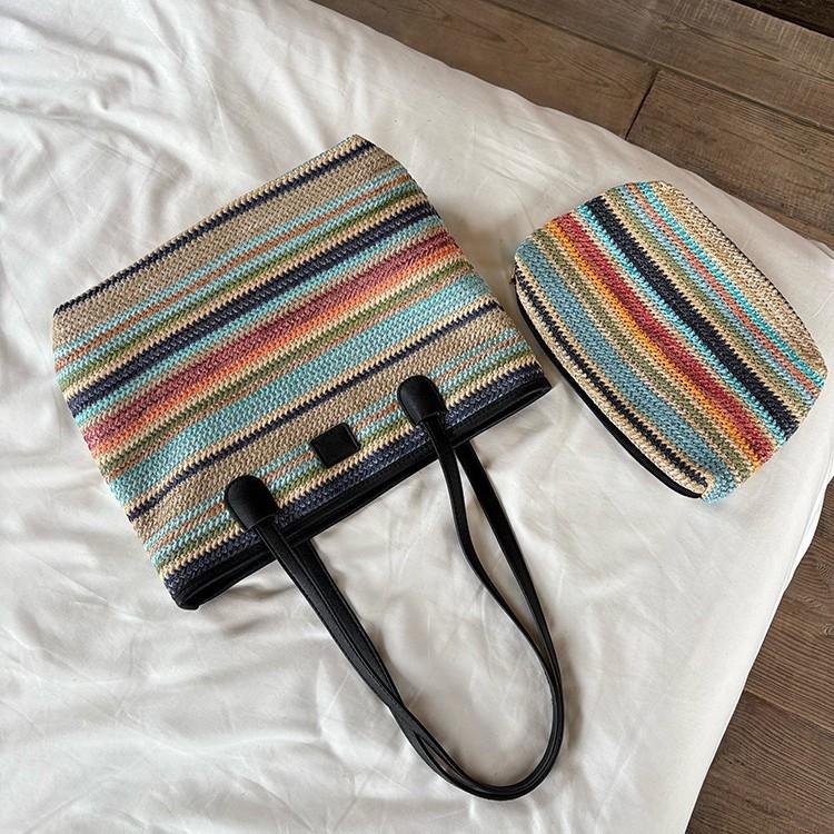 Summer Color Large Capacity Commuter Woven Bag Vacation Beach Bag Ladies Tote Bag Versatile Rainbow Shoulder Bag