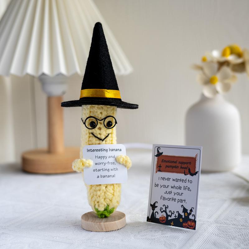 New Handmade Knitted Emotional Support Pickled Cucumber Halloween Home Decoration Crochet Positive Pumpkin Doll Christmas Gifts