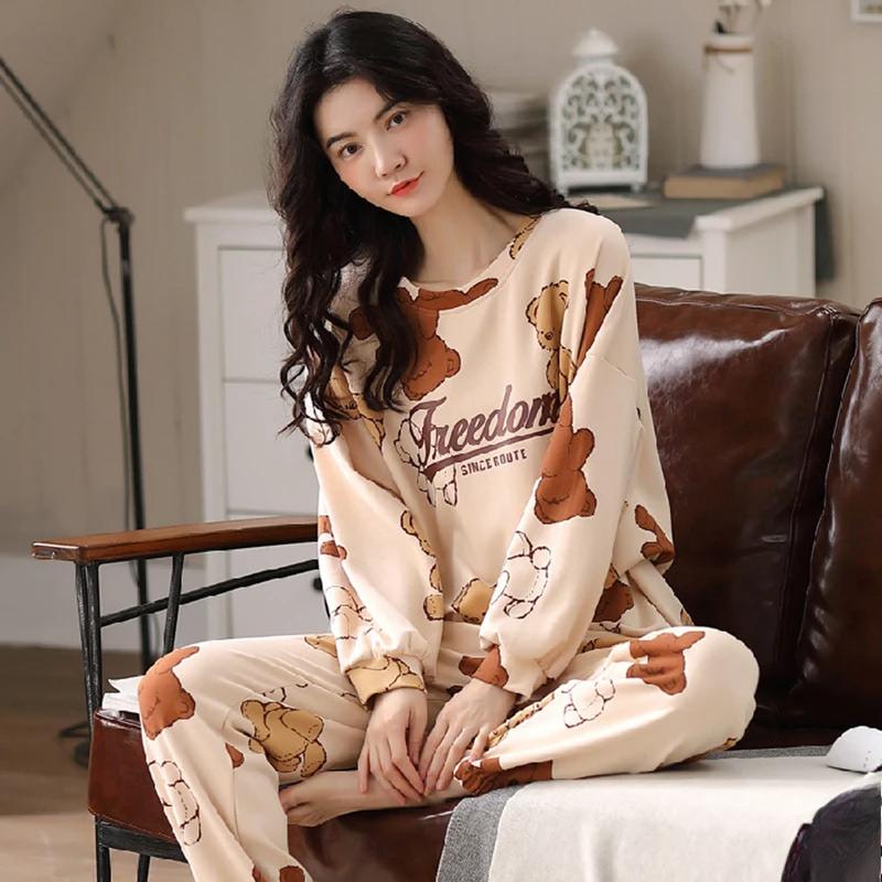 Autumn Winter Women Long-Sleeved Large Size Fashion Soft Casual Cartoon Bear Balloon Sailboat Printed Loungewear Girl Sleepwear