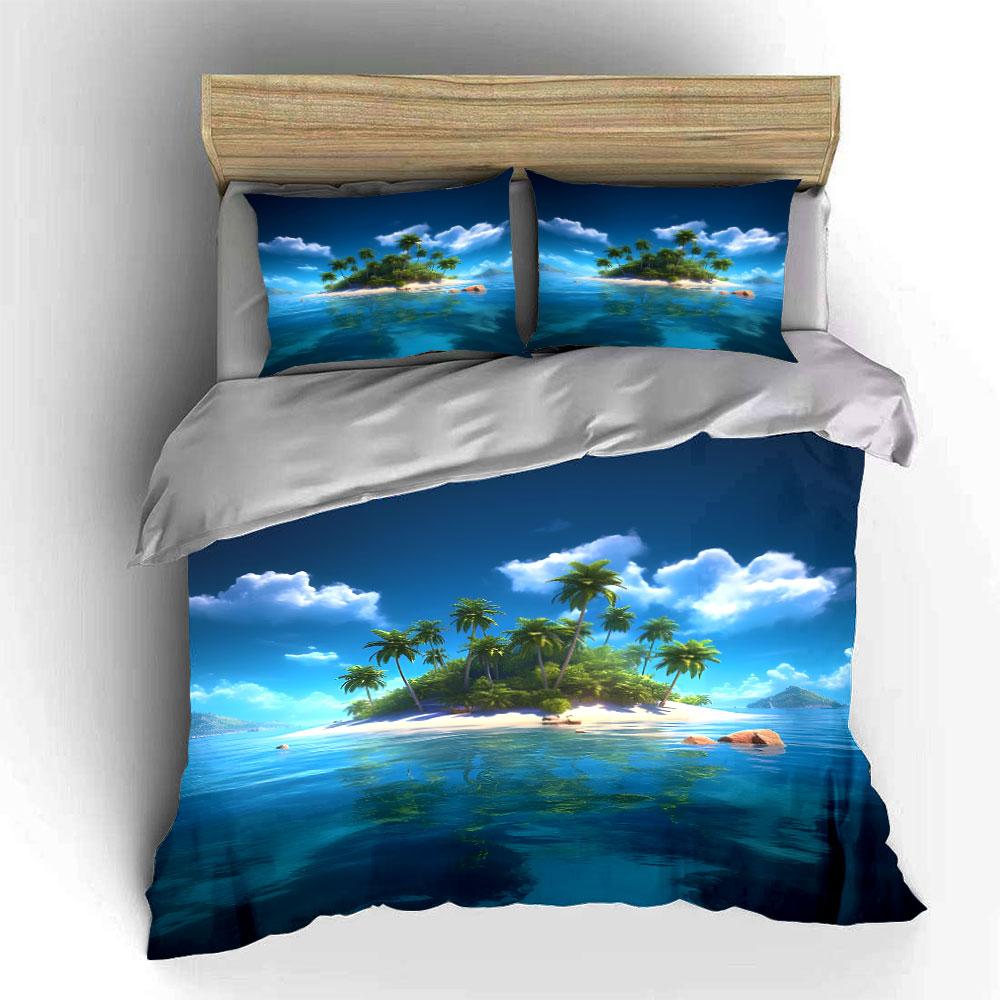 Tropical Palm Island with Blue Water Print Bedding Set 1Duvet Cover 2Pillowcases for Adult and Children Luxury Gift Full Size