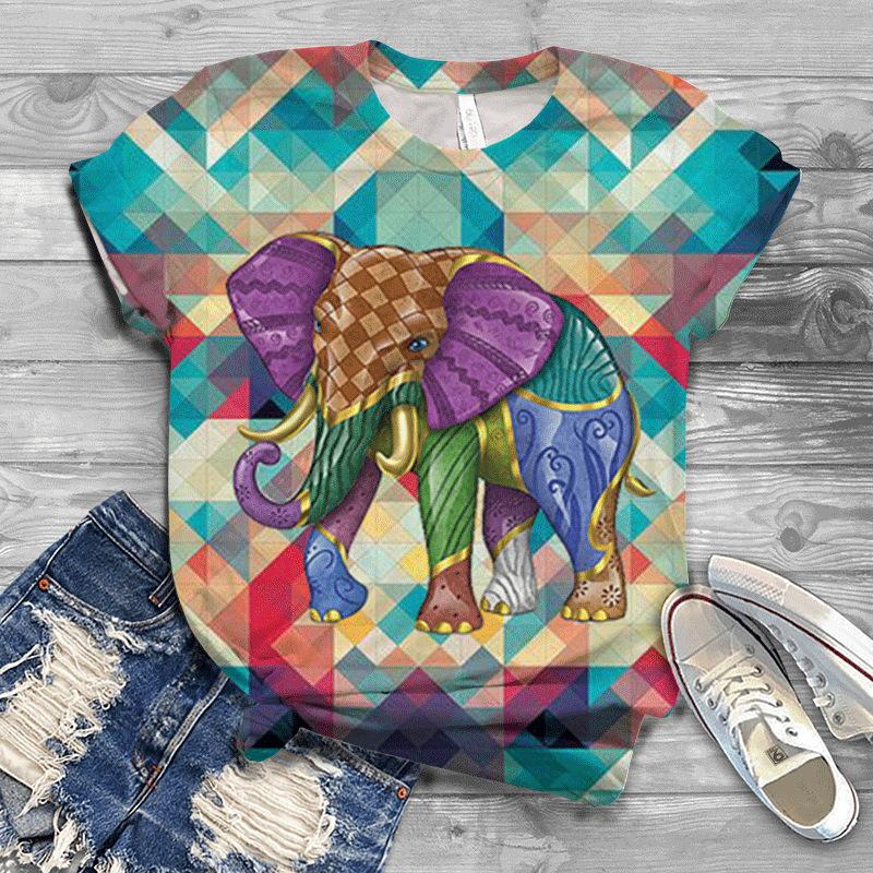 Letní Nové Pánské a Dámské Slon 3D Digitálně Potištěné Kulatý Výstřih Volné Tričko s Krátkým Rukávem Pár Tričko