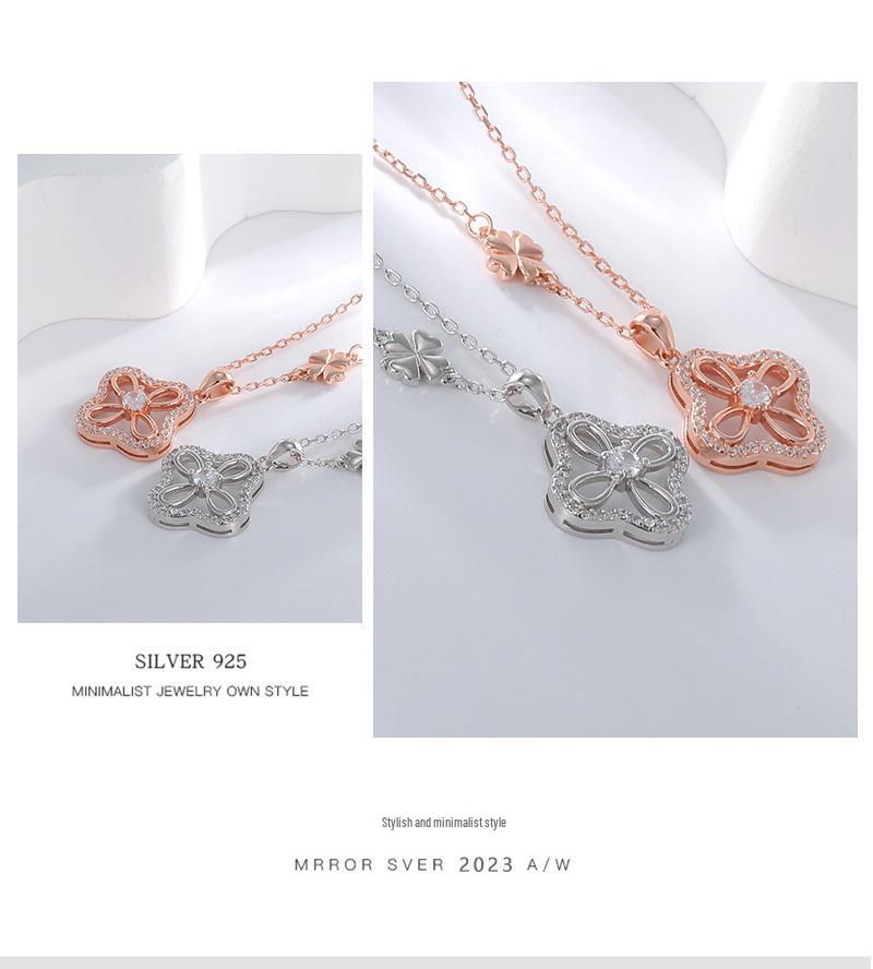 925 Sterling Silver Four-Leaf Clover Necklace with 18K Rose Gold Hollow Pendant - Lucky Clover Clavicle Chain for Women