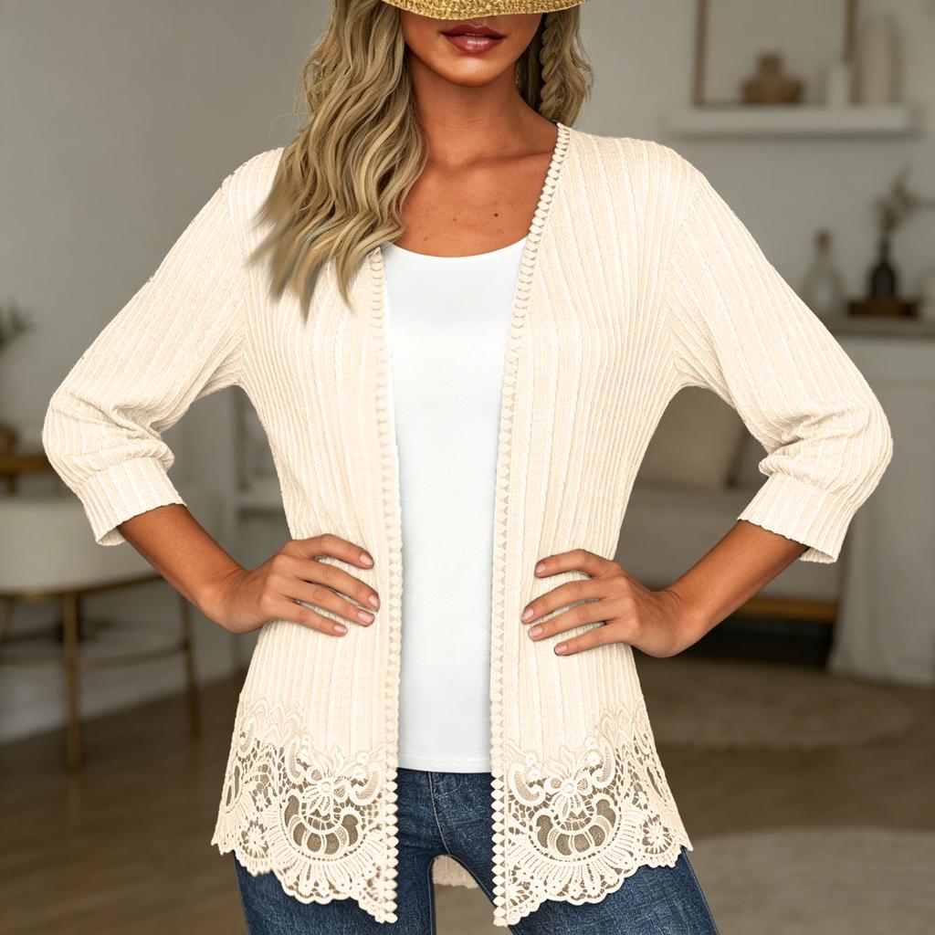 Women's Casual Lace Trim Cardigan Lightweight Loose Fit Flattering Color for Everyday Wear