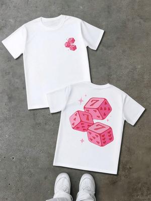 Lucky Seven Pink Dice Double Sided Digital Printed 100% Cotton T Shirt 1Pcs Men's Casual Tee 220g  Gambling Theme