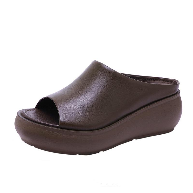 Summer wedge heel comfortable women's slippers thick-soled medium temperament outer wear leather slippers medium heel sandals