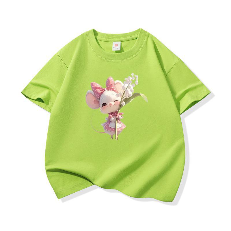 Kids Cotton T Shirt Sweet Mouse With Lily Flower Print Crew Neck Short Sleeve Tee Casual Boys Girls Summer Tops