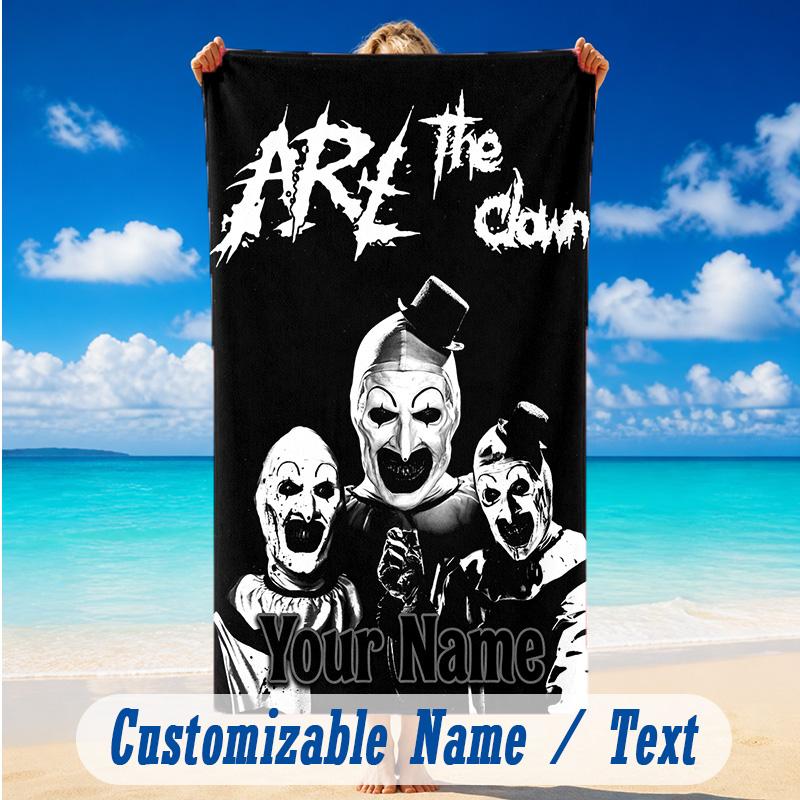 Beach Towel Custom Name Text, Quick Dry Large Towel For Beach HomeTerrifier Art the Clown