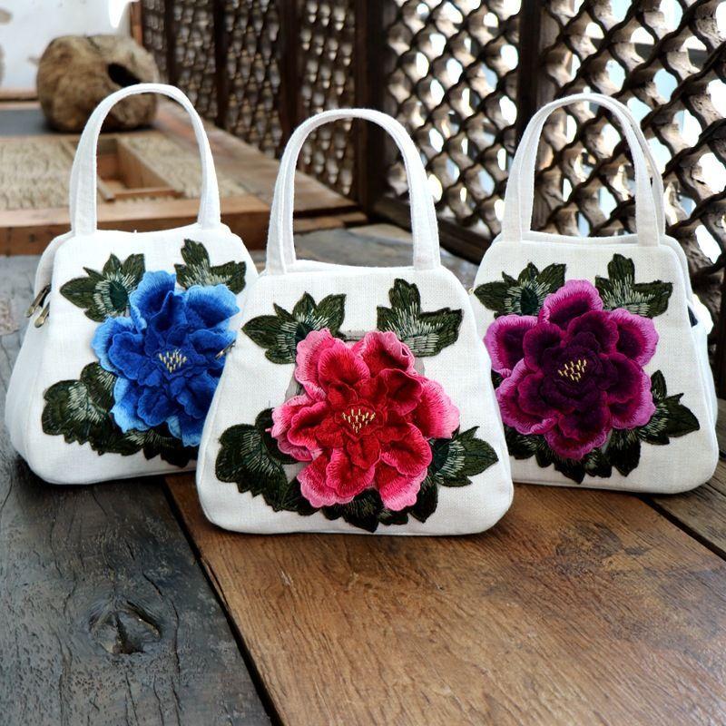 WTEMPO Ethnic Style Women's Zipper Handbags Hand-held Peony Flower Versatile Embroidery Flower Handbags Women's Handbag