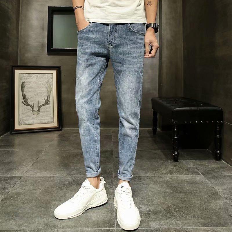 JYL Men's Cropped Jeans Summer Thin Slim Korean Trendy Versatile Denim Pants