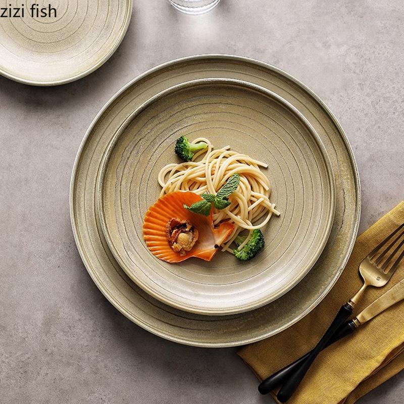 Kiln Changes Retro Ceramic Shallow Plate Steak Plate Sushi Plate Salad Plates Dessert Dish Molecular Cuisine Creative Tableware