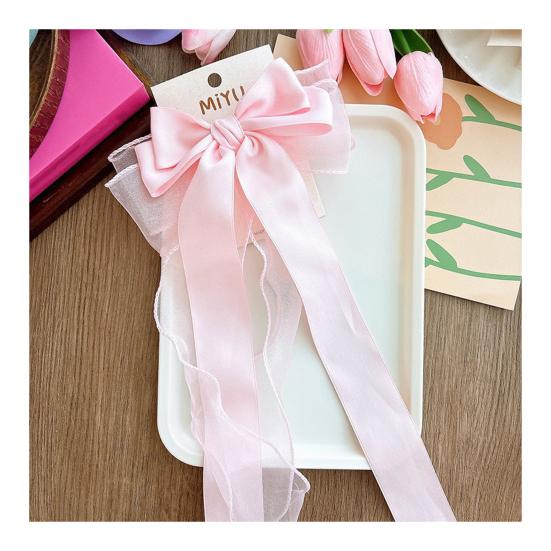 Frühlings-Haarnadel Langes Band Netzgarn Satin Schleife Dekoration Hinterkopf Haarspange Helle Farbe Vielseitig Thematisches Haaraccessoire