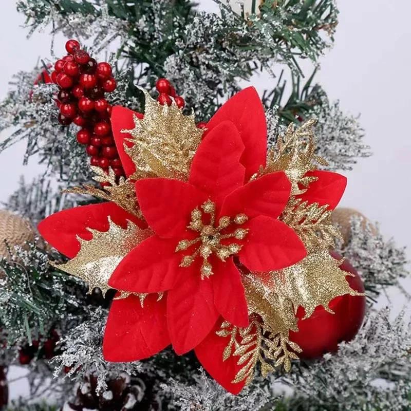 50PCS Christmas Flower Glitter Powder Artificial Flower Christmas Decoration Christmas Tree Flower Christmas Gift Box Decora