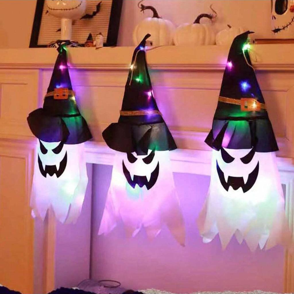 1/2/3 Stück - Halloween Dekorationen - Hängende beleuchtete Geister Hexenhut Dekorationen ,Outdoor Hof Baum Garten Party Dekorationen