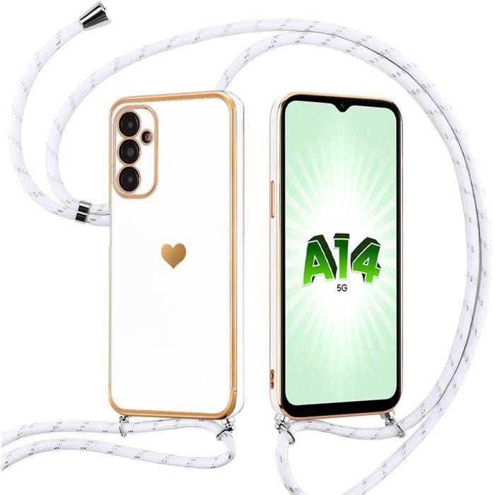Coque Cordon pour Samsung Galaxy A14 4G-5G Blanc Antichoc Motif Cœur Anti-Rayures Ultra Slim Léger