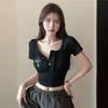Girls T-shirts Square Neck Tees For Women's T-shirts Black Tops Short Sleeve Fashion Sexy Lady T-shirts