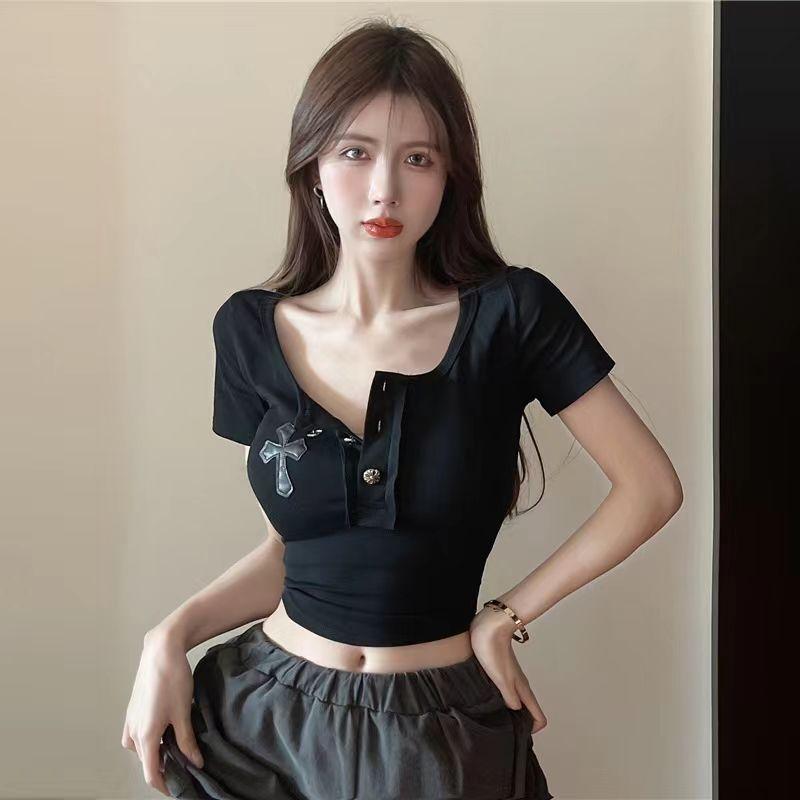 Girls T-shirts Square Neck Tees For Women's T-shirts Black Tops Short Sleeve Fashion Sexy Lady T-shirts