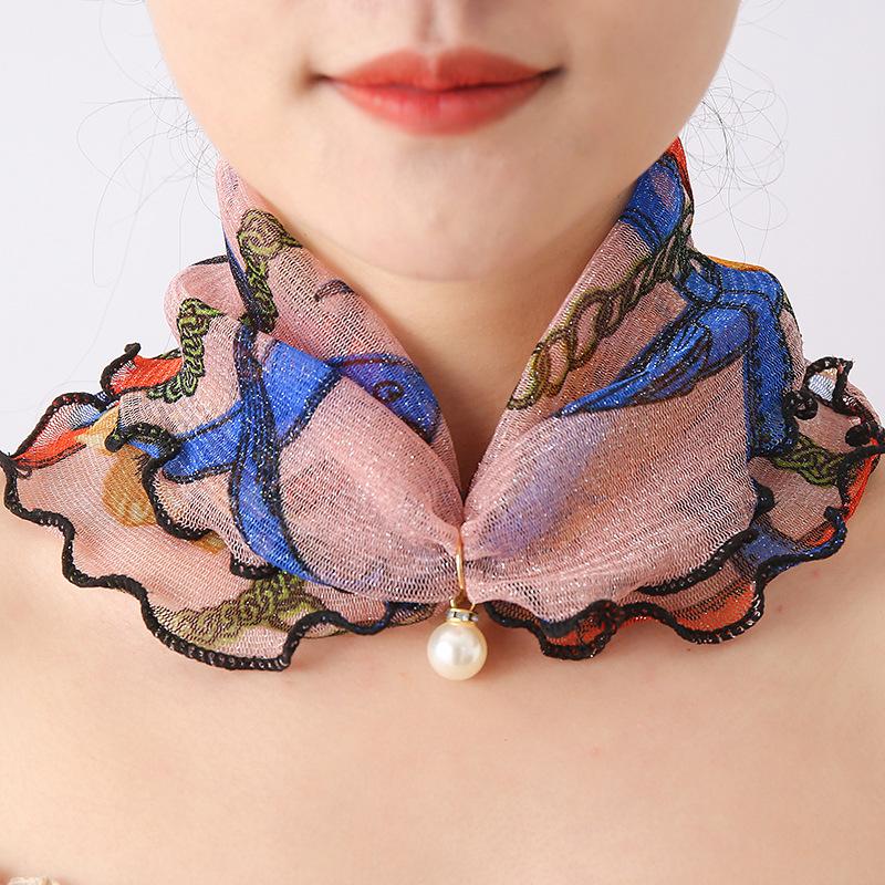 Fashion Printed Gauze Scarf Pearl Pendant Scarf Spring Lightweight Muffler Women Decorative Small Silk Scarf Headband