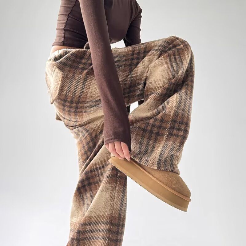 Plaid Wide-leg Pants for Women In Autumn Winter New Style Lazy Drape Loose Straight Casual Pants