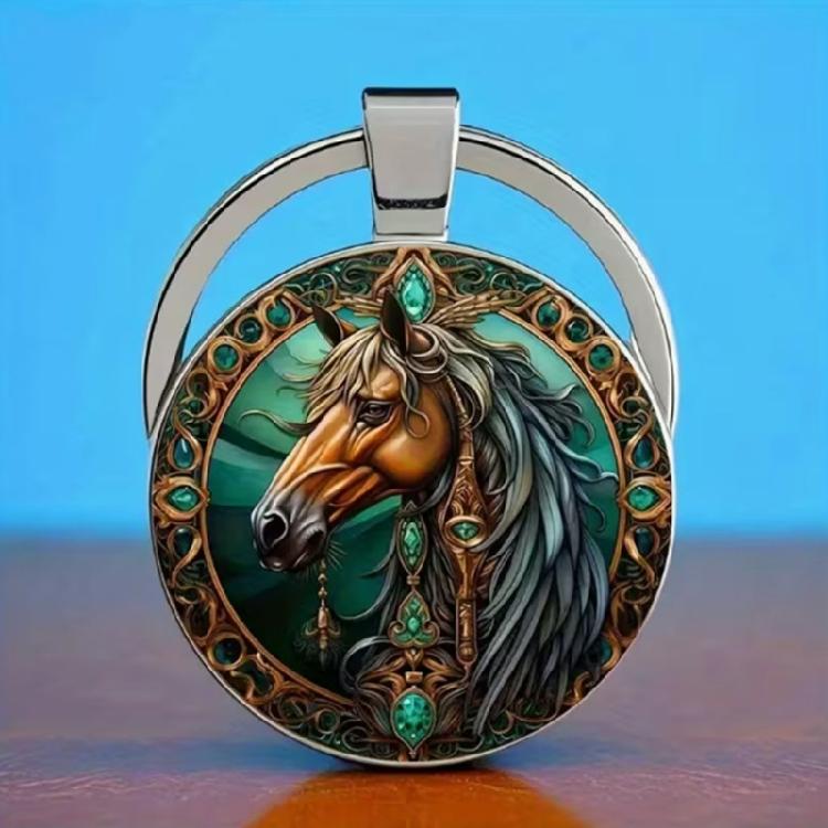 Horse Inspired Pendant Keychain In Alloy Featuring Elegant Green and Gold Detail for Fashionable Accessory and Present