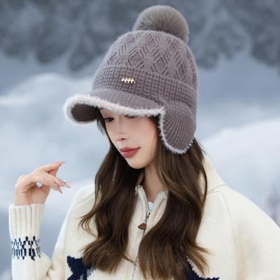 Japanische Big Head Fence Wollkugel Strickmütze für Damenmode und vielseitige warme Mütze plus Samt-Ohrenschutz Wollmütze