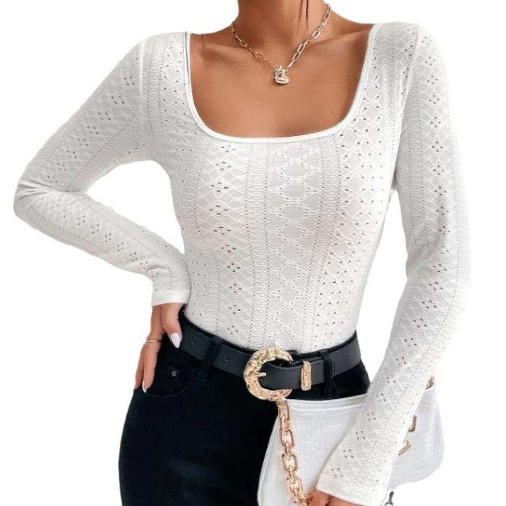 IHUASU Women's Fall Niche Slim Square Neck Long Sleeve T-Shirt