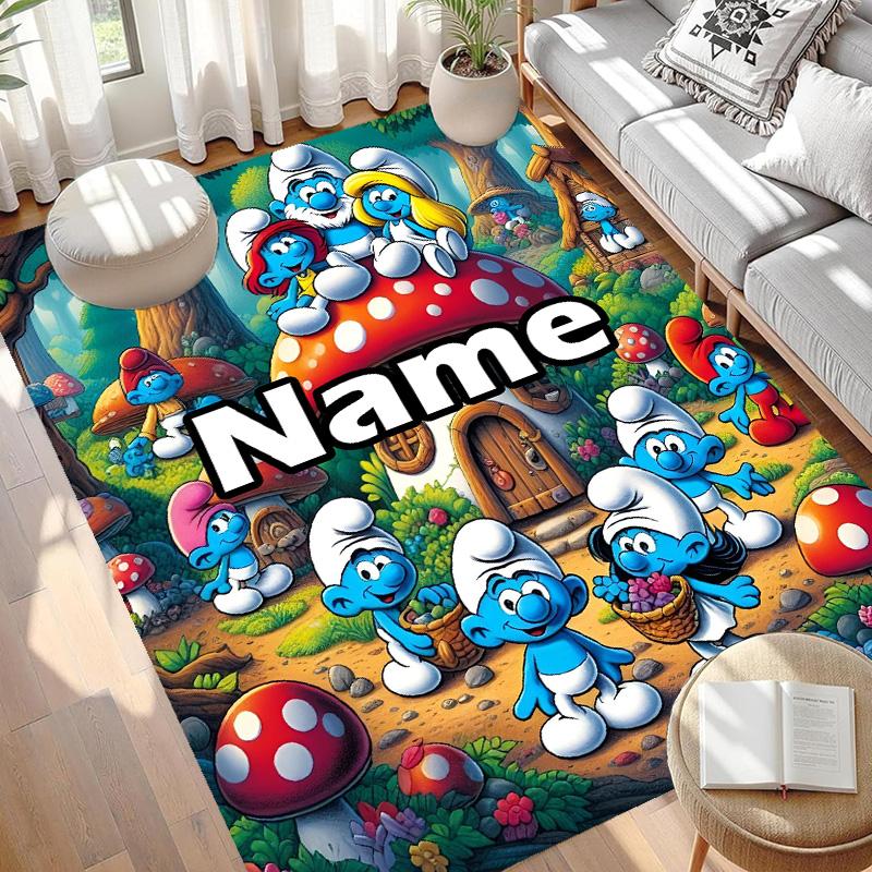 Custom Name Personalized Blue Smurfs Print Carpet, Versatile Home Decor Rug, for Playroom, Apartment, Balcony, Entryway, Hallway Gift