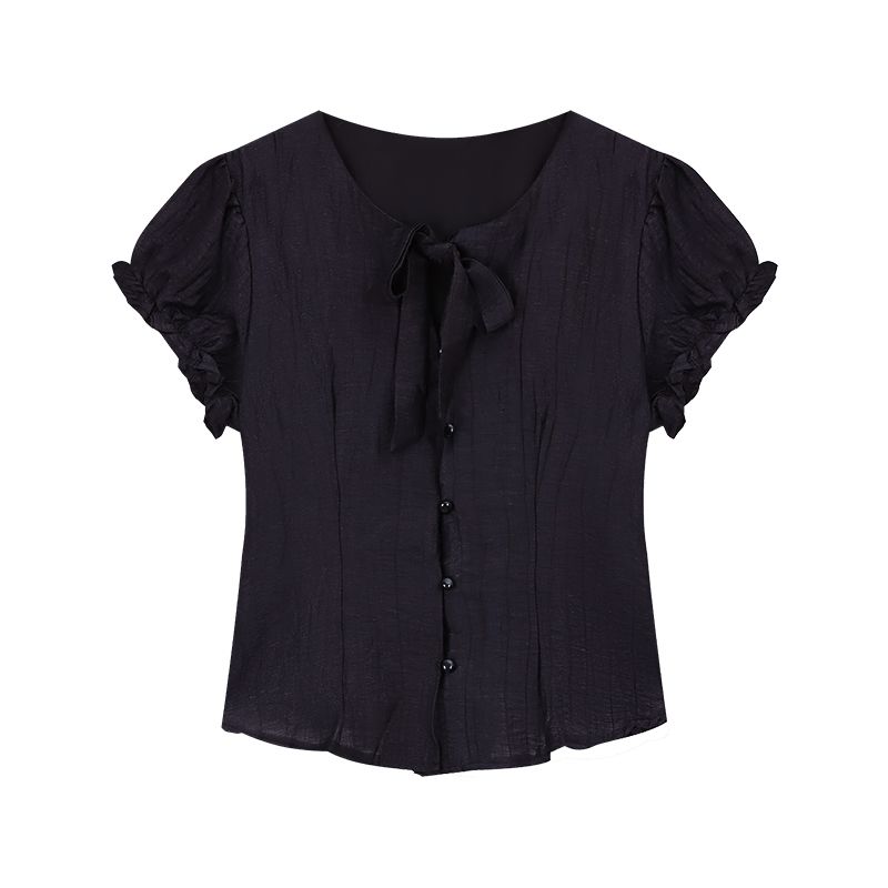 

Black Stylish Chic Puff Sleeve Shirt Women s Summer Korean Style Elegant V Neck Waist Silm Short Sleeve T-shirt Top Black L
