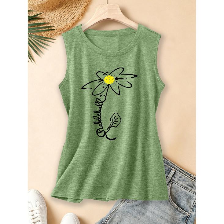 2026 Vintage Pickleball Daisy Racket Print Women Single Strap Sleeveless Vest Round Neck Daily Commute Spring Summer Autumn Tank Top