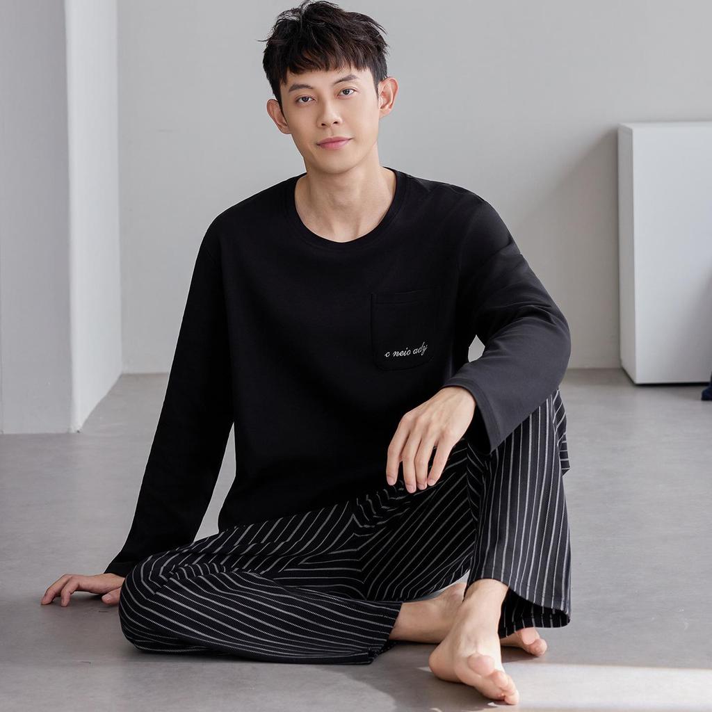 Men's Plus Size Pure Cotton Long-Sleeve Pajamas - Spring & Autumn Style for All Ages