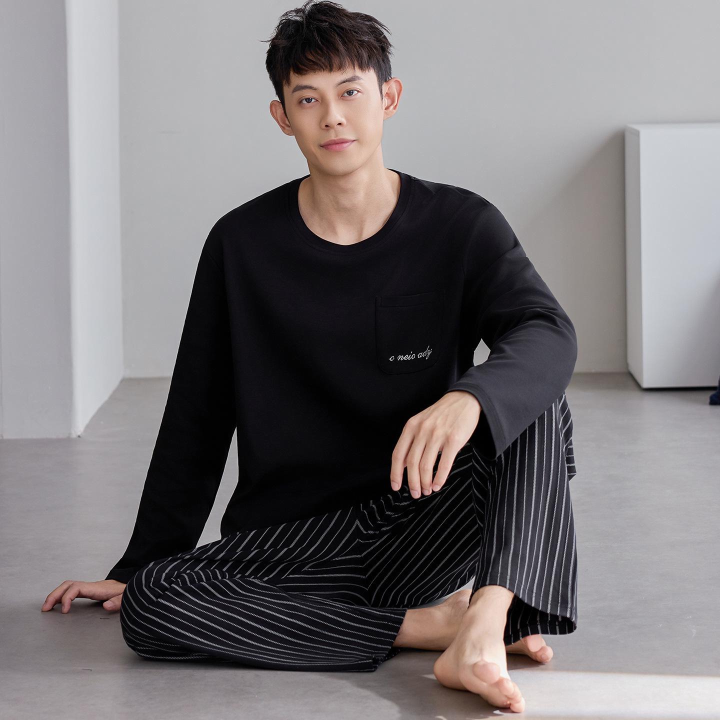 

Мужской повседневный хлопковый пижамный комплект - С длинным рукавом, Длинные брюки, Свободный крой, Большой размер для весны, осени, зимы XL