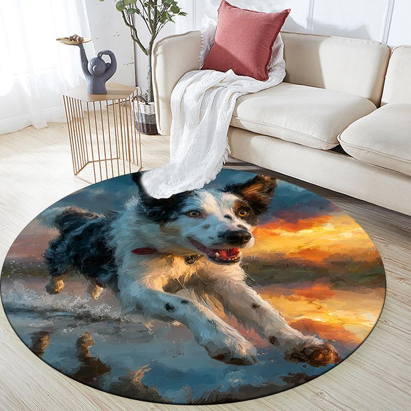 Runder Teppich mit Border Collie Muster, Teppich für Wohnzimmer, Schlafzimmer, Spielzimmer, Rutschfeste Bodenmatte, Weihnachtsgeschenke und Geburtstagsgeschenke.