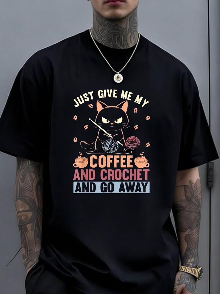 Designed for Teenagers Unisex Retro Crochet Coffee Lovers T-Shirt Short Sleeve Tee with Crochet Hook Coffee Cup Graphic