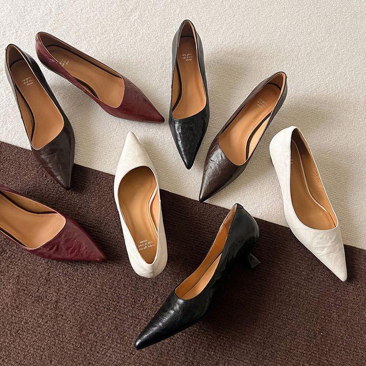 2025 new sheepskin pointed French simple shallow mouth single shoes 4.5CM medium heel daily commuter women's shoes 33-40