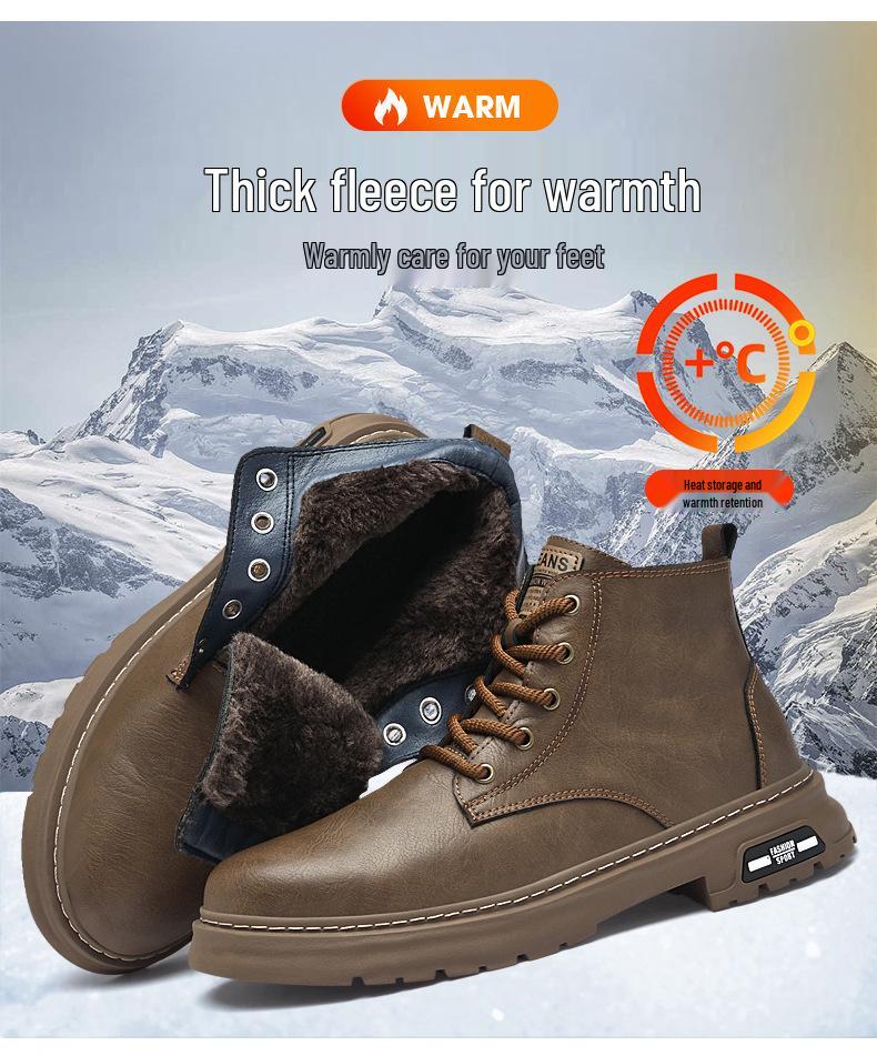 Men's Plus Size Fleece-Lined Leather High-Top Motorcycle Boots - Retro Warm Workwear Style