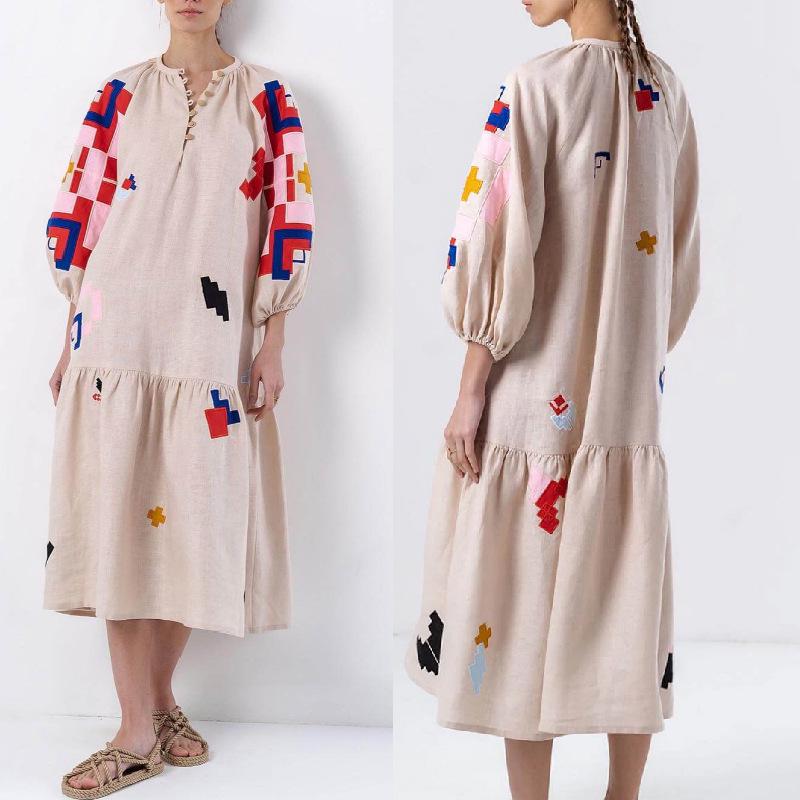2024 New Autumn/Winter Loose Printed Casual Lantern Sleeve Dress for Women