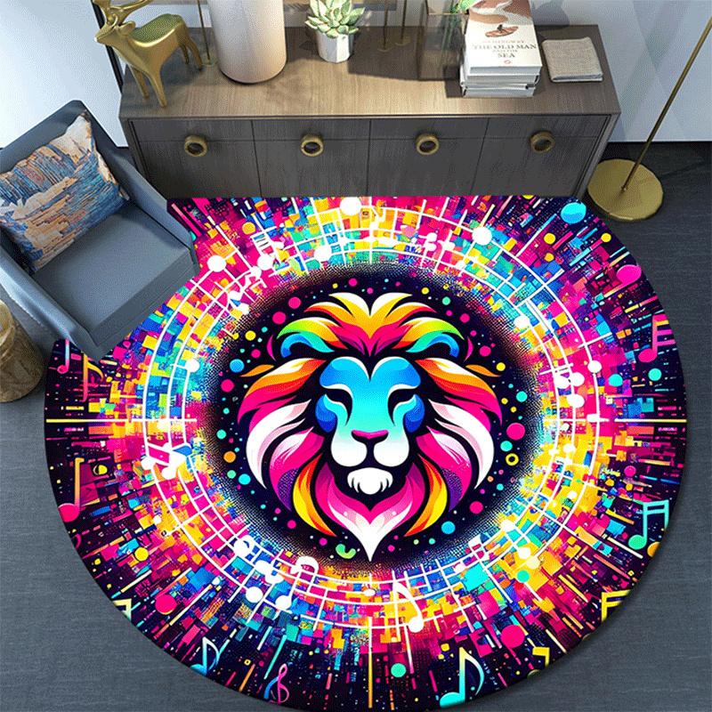 1pc Soft, Absorbent & Non Slip Music and Colorful Lions Round Rug Soft Circle Rug for Living Room & Bedroom Decor, Chair Mats, and Unforgett