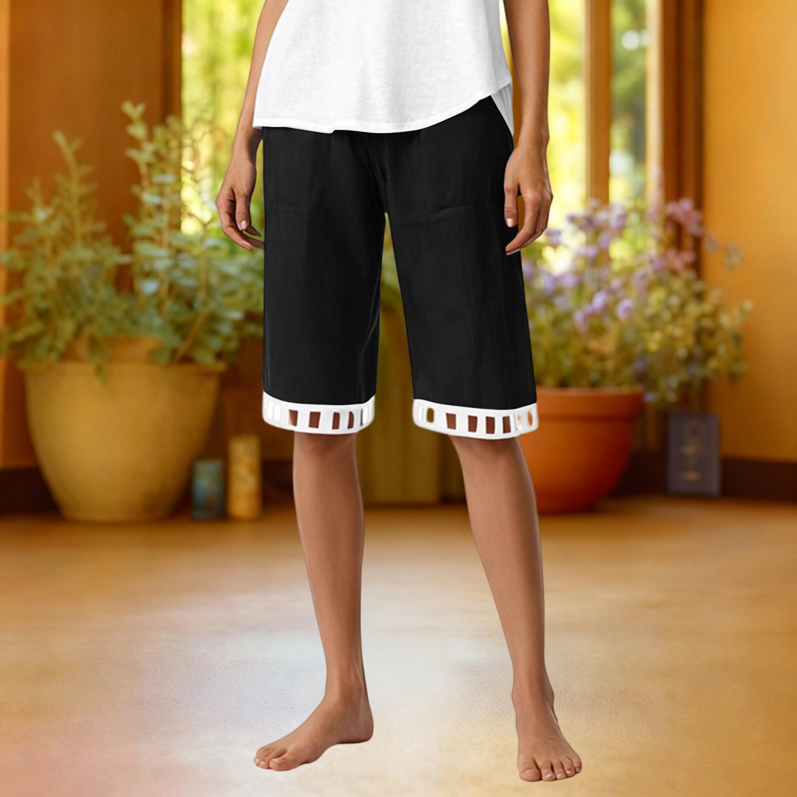 

Women s Fashionable Color Versatile Summer Cotton And Linen Lace Pocket Elastic Waist Casual Sports Shorts L чорний