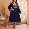 Plus Size Vintage Ethnic Embroidered Round Neck Patchwork Long Sleeve Long A Line Dress For Women
