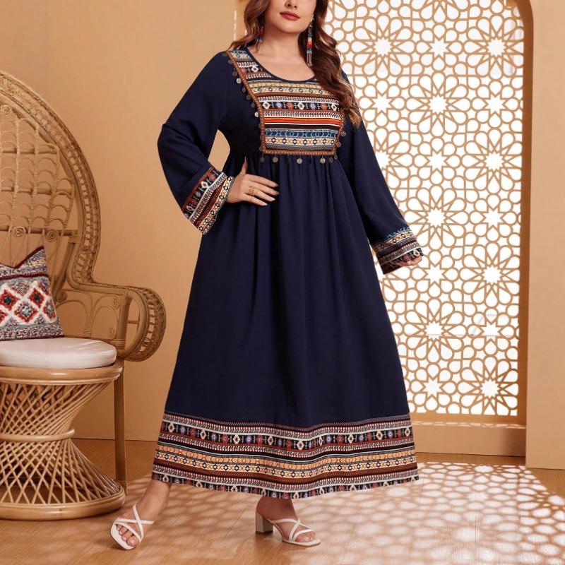 Plus Size Vintage Ethnic Embroidered Round Neck Patchwork Long Sleeve Long A Line Dress For Women