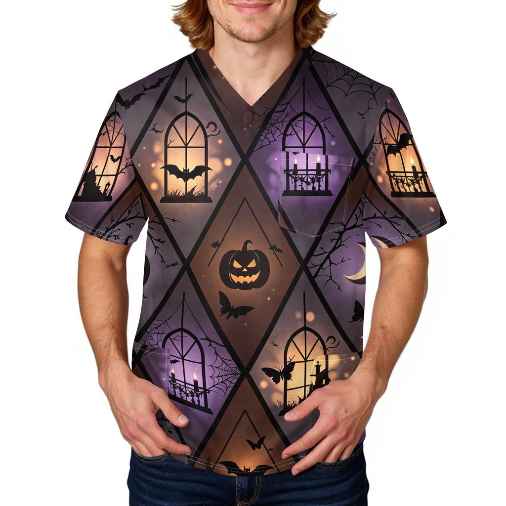 Herren Halloween Print Medizinische Kasack-Oberteil V-Ausschnitt mit Bindeband Taschen Bequeme Passform Tägliche Arbeitskleidung für medizinisches Fachpersonal