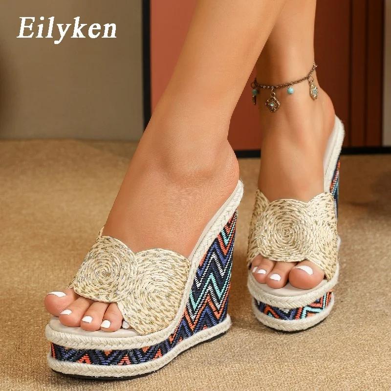 Fashion Eilyken Women Slippers Open Toe Weave Solid Platform Wedges Shoes Fashion High Heels Sandals Summer Zapatillas De Mujer